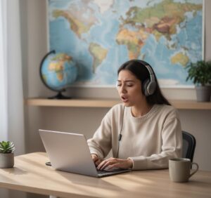 A female with headphones in while singing along on her laptop and a globe and world map is shown at her back