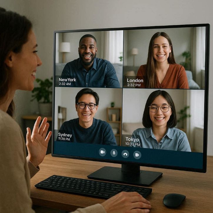 People connecting across time zones in a virtual space