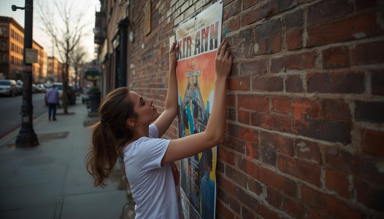 A young woman pins a vibrant poster to a sunlit Brooklyn brick wall.
